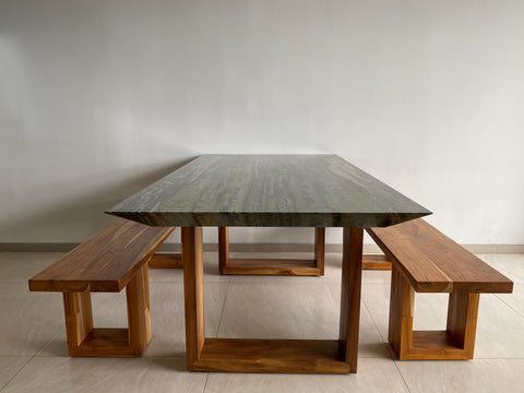 Razor Edge Stone Dining Table with Wood Bench Seats